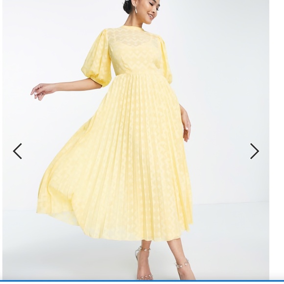 NWT ASOS DESIGN high neck pleated chevron textured midi dress with puff sleeves - Picture 9 of 16